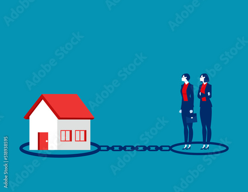 Chained to a house burdened by mortgage payment. Business borrowing vector illustration