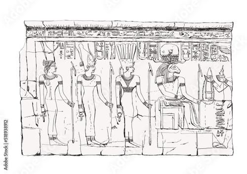 Sketch of Egyptian relief with Khnum god, ancient Egyptian god of fertility, associated with water and with procreation