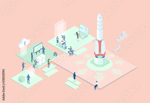 Rocket launch, new start up.  Isometric 3D business environment. Business management. Isometric office space, server room with business people. Technology, success, internet, data protection, support