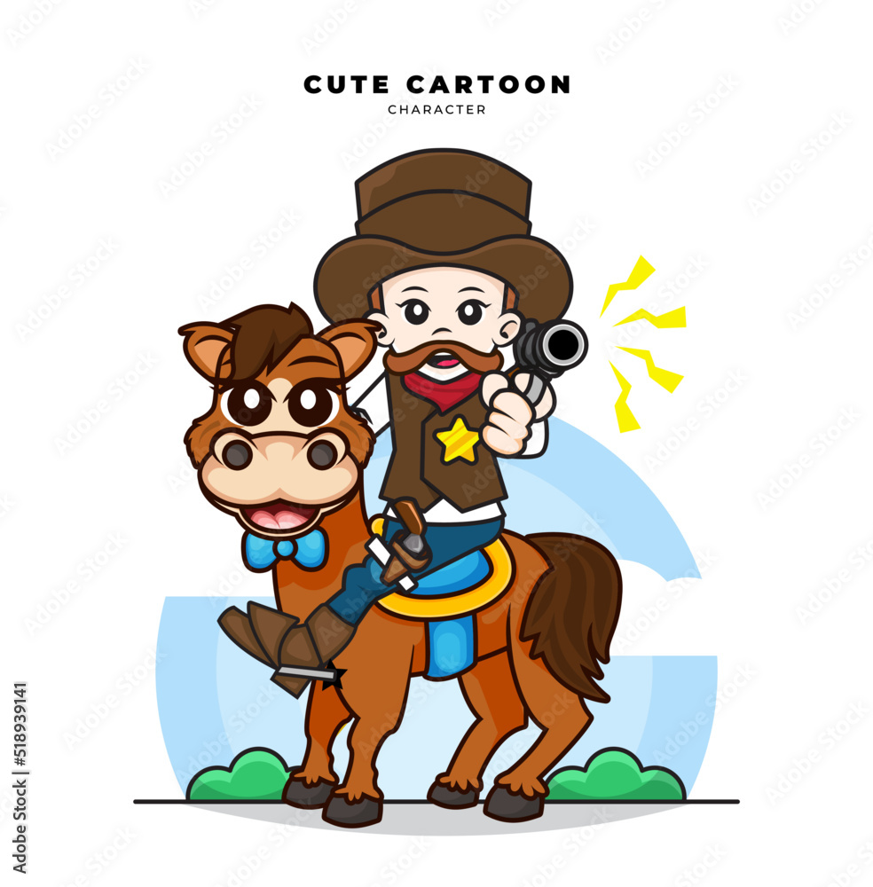 Cute cartoon character of cowboy rides a horse and carries a gun Cute cartoon character of cowboy rides a horse and carries a gun