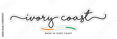 Made in Ivory Coast, new modern handwritten typography calligraphic logo sticker, abstract Ivory Coast flag ribbon banner photo