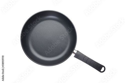 New frying pan isolated on white background, top view.