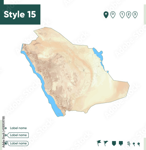 Saudi Arabia - map with shaded relief, land cover, rivers, lakes, mountains. Biome map.