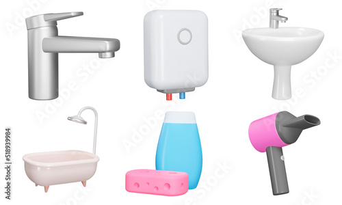 Bathroom 3d icon set. Bathroom interior accessories, appliances, plumbing. Isolated objects on a transparent background