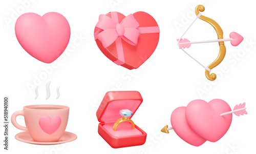 Love 3d icon set. Valentine's Day, Romance. Romantic date and marriage proposal. Hearts, Gifts. Isolated icons, objects on a transparent background