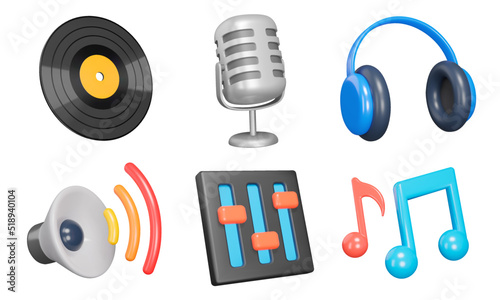 Music 3d icon set. Equipment for listening and recording sound. phonograph record, microphone, headphones, speaker, equalizer, music notes. Isolated icons, objects on a transparent background