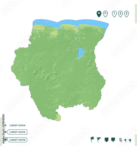 Suriname - map with shaded relief, land cover, rivers, lakes, mountains. Biome map.