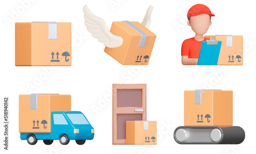 Parcel delivery 3d icon set. Logistics and service. Cardboard box with the parcel. Courier, delivery man, delivery by truck and to the door. Isolated icons, objects on a transparent background