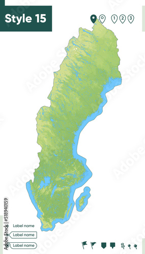Sweden - map with shaded relief, land cover, rivers, lakes, mountains. Biome map.
