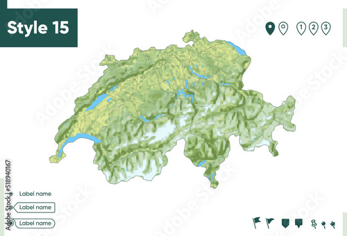 Switzerland - map with shaded relief, land cover, rivers, lakes, mountains. Biome map.