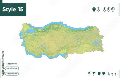 Turkey - map with shaded relief, land cover, rivers, lakes, mountains. Biome map.