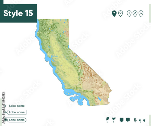 California, USA - map with shaded relief, land cover, rivers, lakes, mountains. Biome map.