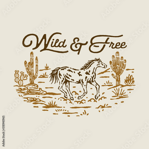 horse illustration desert graphic cactus design western vintage