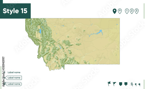 Montana, USA - map with shaded relief, land cover, rivers, lakes, mountains. Biome map.