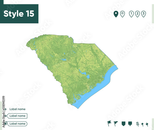 South Carolina, USA - map with shaded relief, land cover, rivers, lakes, mountains. Biome map.