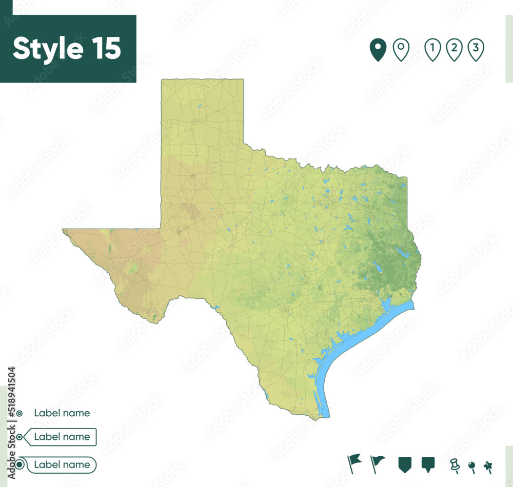 Texas, USA - map with shaded relief, land cover, rivers, lakes, mountains. Biome map.