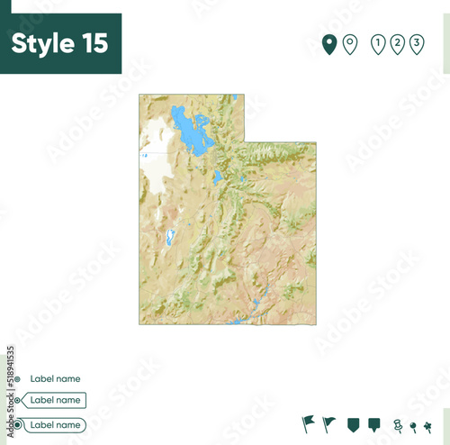 Utah, USA - map with shaded relief, land cover, rivers, lakes, mountains. Biome map.
