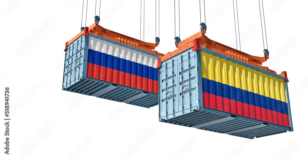 Cargo containers with Colombia and Russia national flags. 3D Rendering