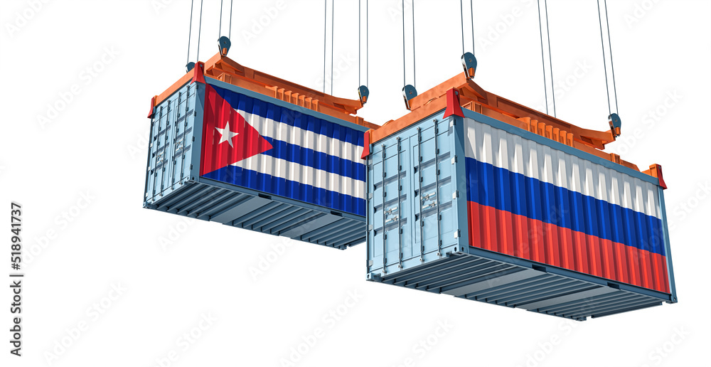 Cargo containers with Cuba and Russia national flags. 3D Rendering