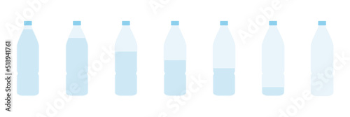 Plastic bottle water set. Full, half and empty bottles collection. Vector isolated on white.