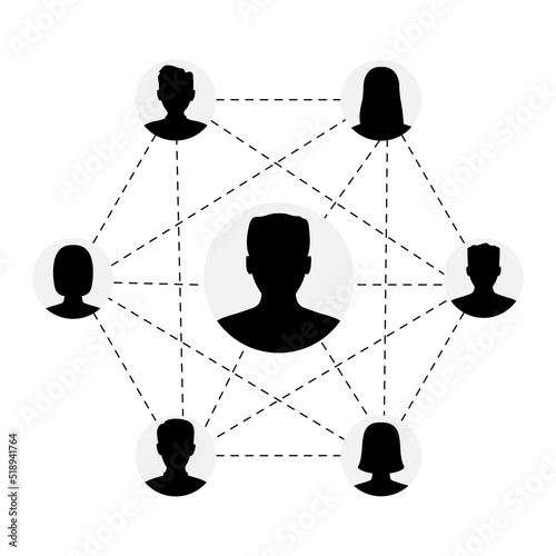 Social network scheme connecting people. Abstract social network world connect people icons relationship. Vector illustration isolated on white.