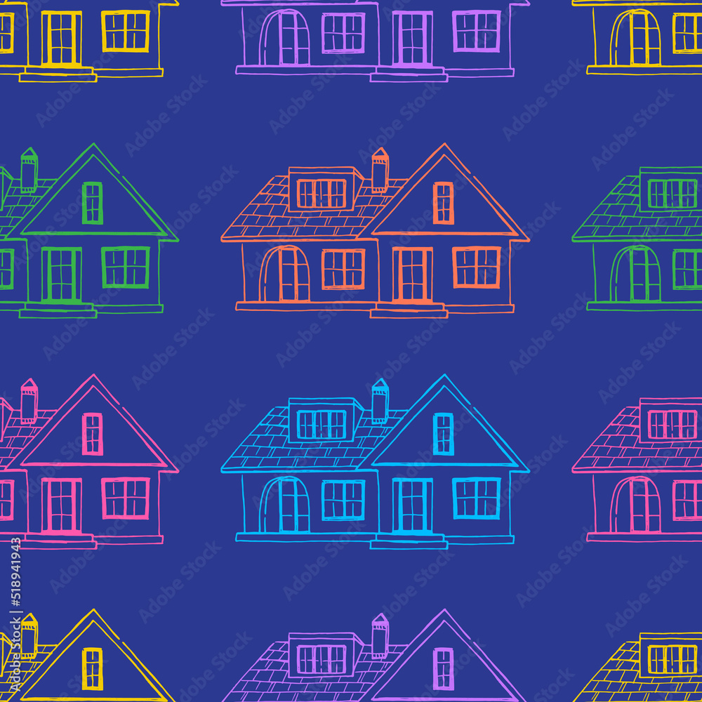 Seamless Pattern of colorful Houses illustration on isolated dark blue background