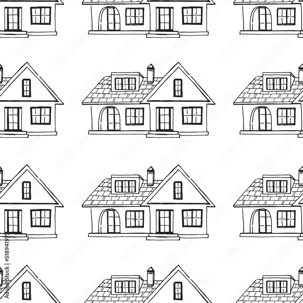 Seamless Pattern of House illustration on isolated white background
