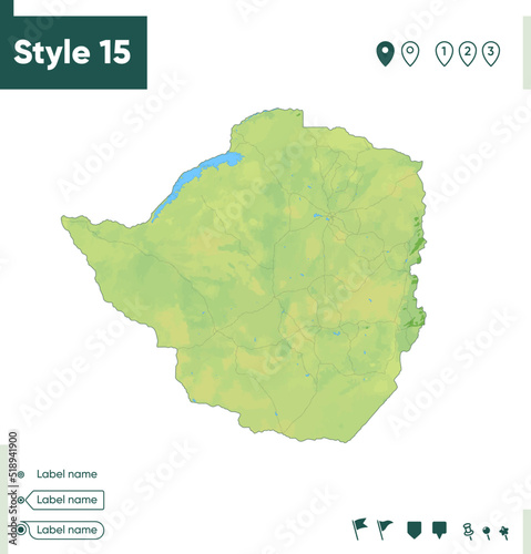 Zimbabwe - map with shaded relief, land cover, rivers, lakes, mountains. Biome map.