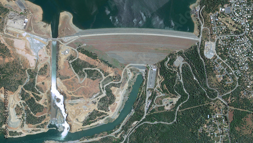 Oroville dam spillway failure, Oroville Dam crisis, looking down aerial view from above, Bird’s eye view Oroville dam, California, USA photo