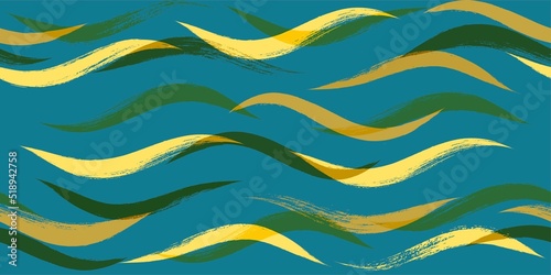 Seamless Wave Pattern, Hand drawn curve modern vector background. Wavy green brush stroke, curly grunge paint lines, watercolor illustration