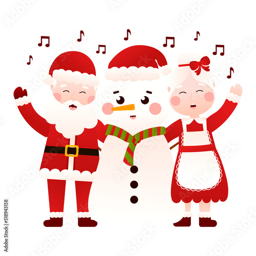 Mr and Mrs Santa Claus singing xmas carols with snowman in cartoon style on white background, clip art for poster design