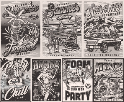 Summer party set monochrome posters