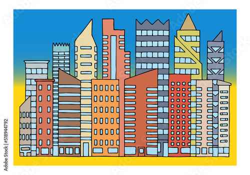 Modern city with skyscrapers on the background of the flag of Ukraine. Post-war reconstruction of Ukraine.
