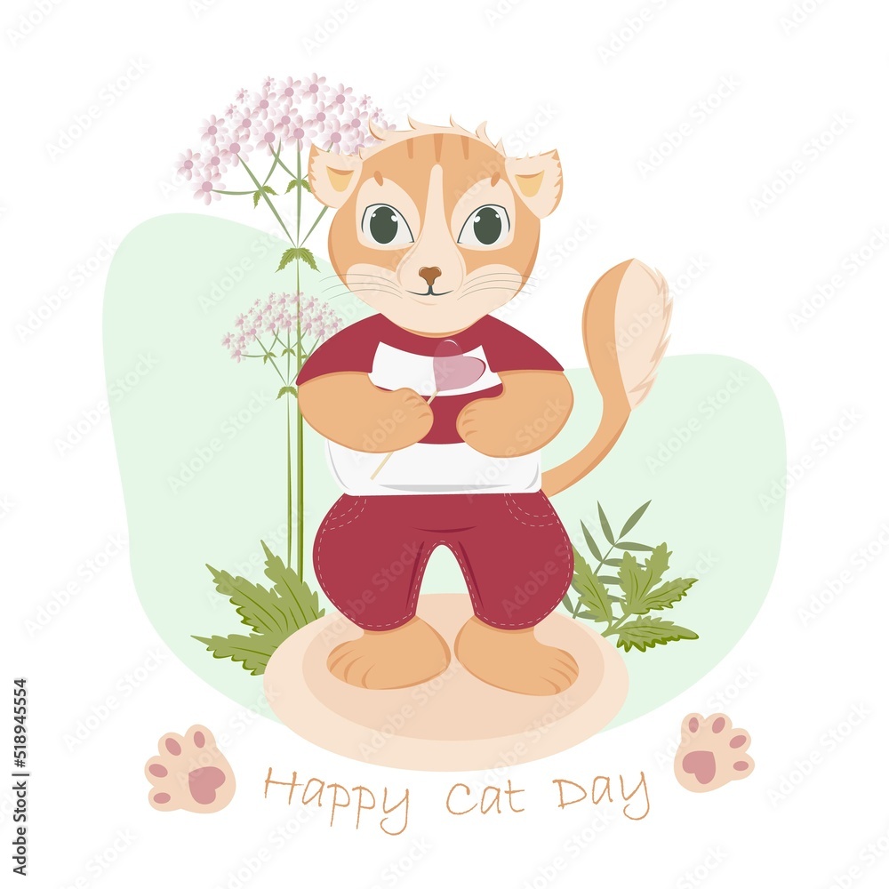 Cartoon cute cat with lollipop on a beautiful green background with flowers and leaves. Illustration for happy cat day. Cartoon cute cat with lollipop on a beautiful green background with flowers and leaves. Illustration for happy cat day.