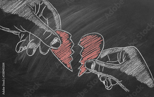 Male and female hands with broken heart. Conflict between women and men. Concept of Love, Life, Reunion, Conciliation, Mercy, Health. Happy Valentine's day. World heart day. Chalk drawing illustration