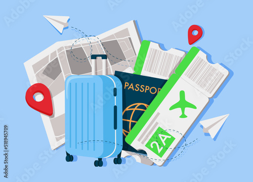 Business trip banner with passport, tickets, travel bag. Web Vector Illustrations.