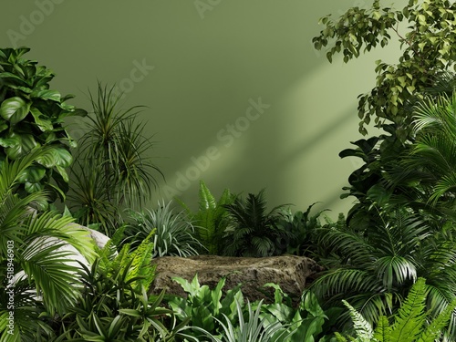 Stone platform pedestal in tropical forest for product presentation and green forest.