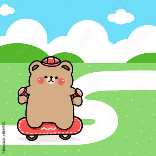 cartoon character bear playing sketch board at public park,summer season, flat illustration