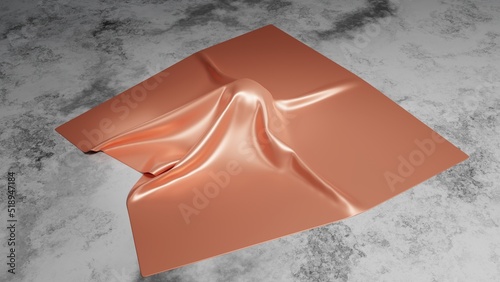 Silk cloth lying on the sphere on marble table. Elegant decorative background in 3d illustration.