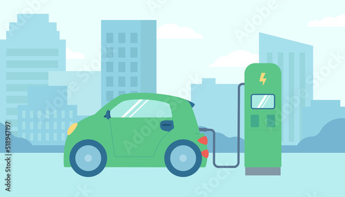 Electric car at the charging station, the concept of ecology, green energy.