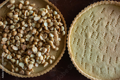 Preparing a macadamia pie with toffee. Kneading and baking of a cake. Pastry and pastry.
