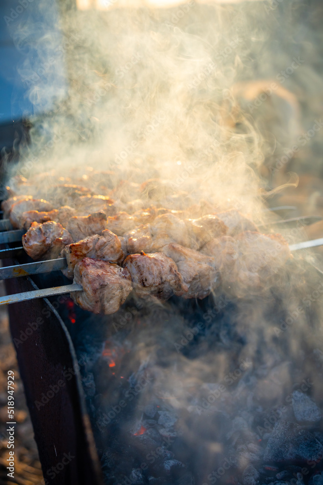 Close-up of grilling tasty dish on barbecue. Process of cooking yummy shashlik in nature. Delicious food on metal skewer in bbq. Time to picnic concept. Close-up of grilling tasty dish on barbecue. Process of cooking yummy shashlik in nature. Delicious food on metal skewer in bbq. Time to picnic concept.