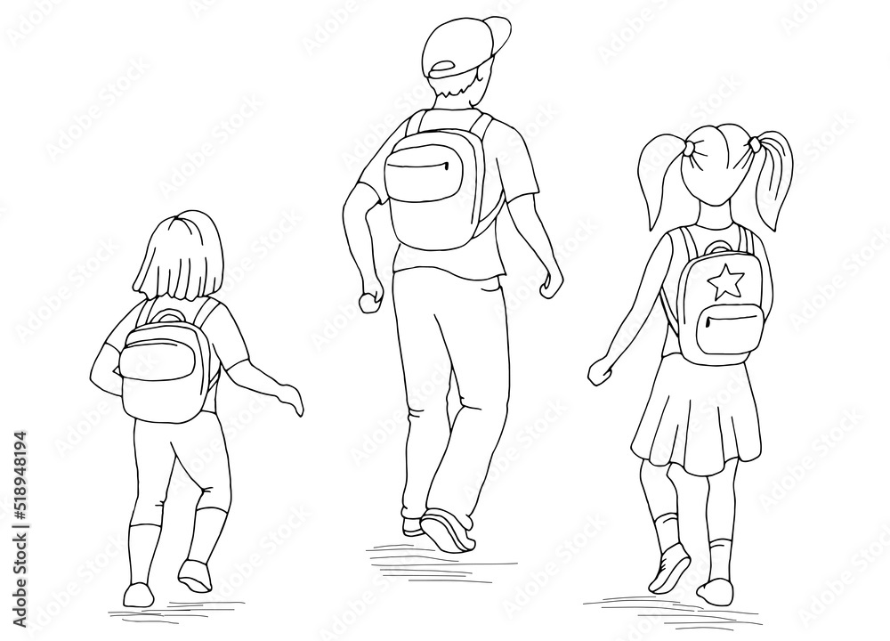 Children walking to the school graphic black white sketch illustration