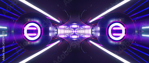 Abstract futuristic neon tunnel, corridor, portal. Modern blue neon background, laser beams. 3D illustration.