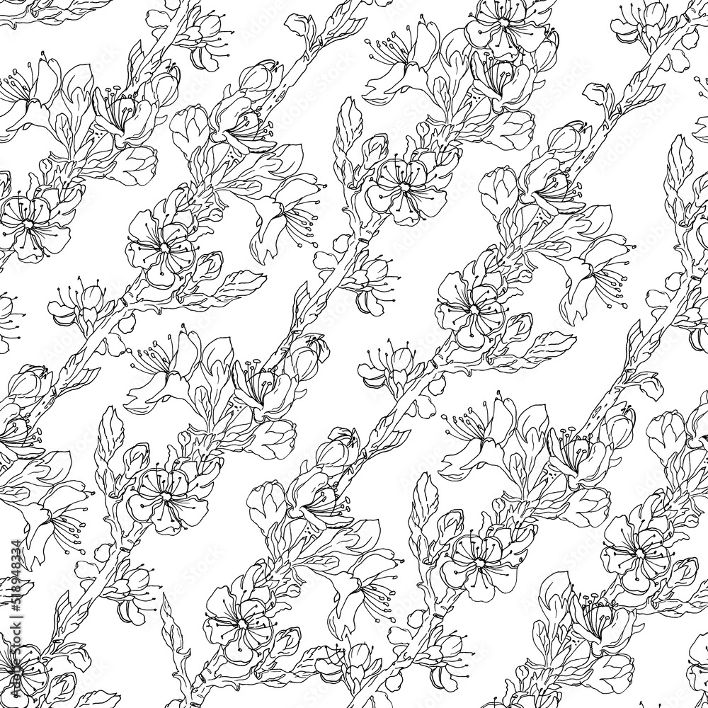 Seamless raster botanical black and white pattern. Endless background with blooming cherry branches. Hand-drawn pattern for textile.