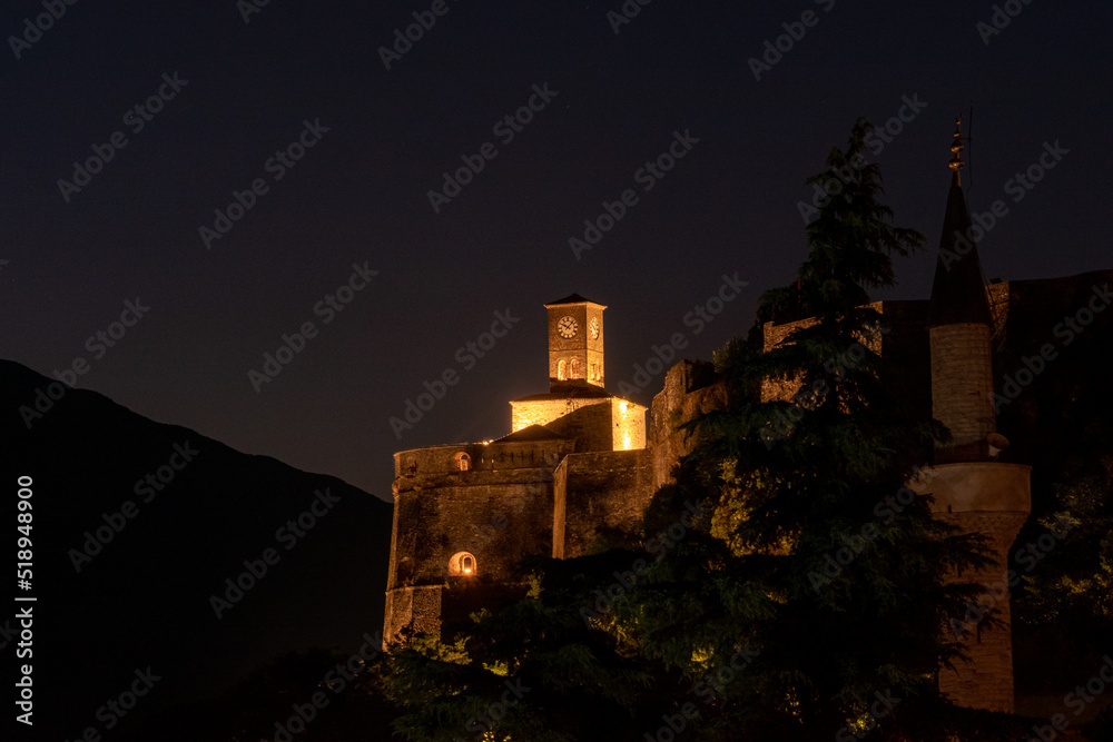 Gjirokaster, Albania The Gjirokaster Castle at night.