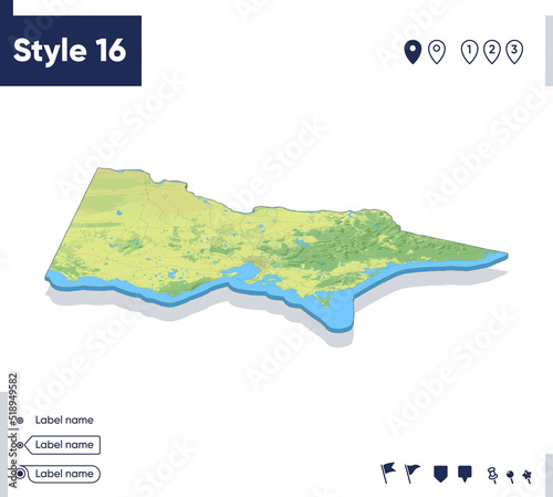 Victoria, Australia - map with shaded relief, land cover, rivers, mountains. Biome map with shadow.
