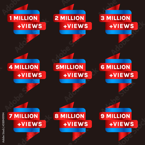 1 million to 9 million views celebration banner design set vector, 1m plus views sticker