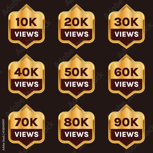 golden color 10k views to 90k views celebration banner set vector, 10k plus views sticker