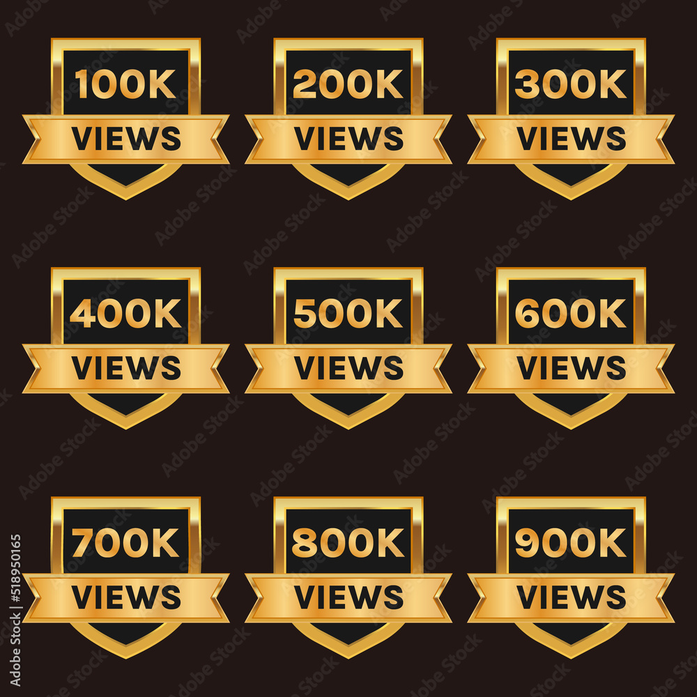 golden color 100k views to 900k views celebration badge set vector, 100k plus views sticker